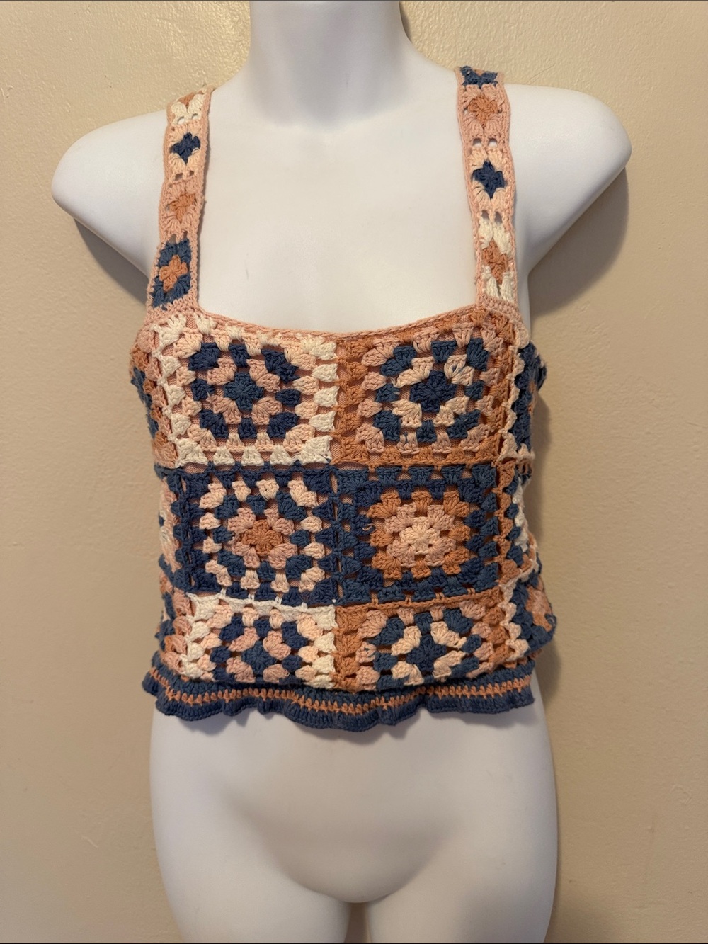American Eagle Outfitters Crochet Square Tank Top in Blue, Cream & Tan